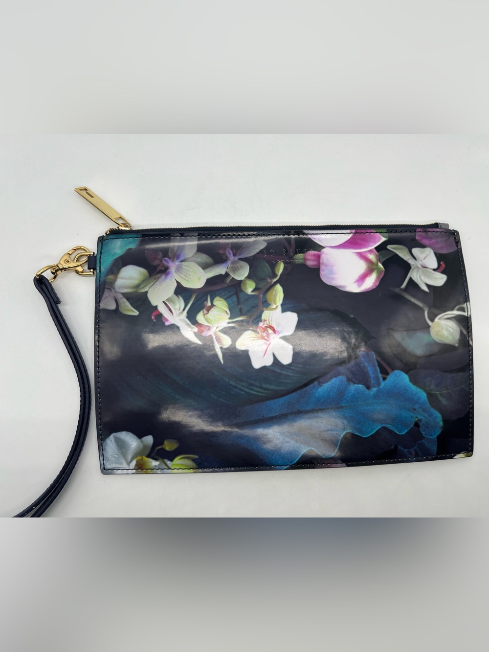 NEW TED BAKER PVC Dark Blue Floral Leather Trim Large Wristlet Flat Pouch
